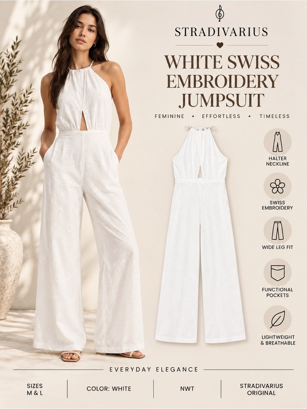 Stradivarius White Swiss Embroidery Halter Jumpsuit Wide Leg NWT Sizes M L